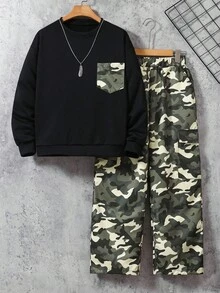 2pcs/Set Teenager Black Hoodie With Fashionable Camouflage Pocket Matched With Camouflage Cargo Pants, Suitable For Autumn/Winter Outdoor Sports Fall