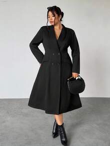 Firerie Plus Size Elegant Black Summer Formal Mandarin Collar Double Breasted Blazer Dress Women,Long Sleeve Flared Hem Tuxedo Jacket For Party,Weddings - Black - View 8