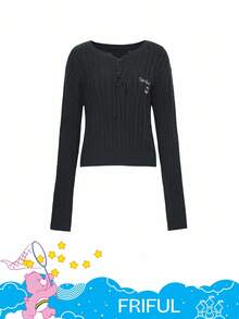 SHEIN X Care Bears FRIFUL Women's Casual Everyday Commute V-Neck Criss-Cross Tie Cartoon Embroidery Cable Knit Sweater