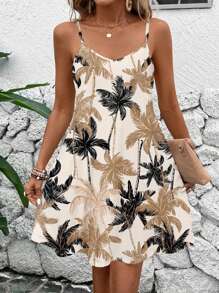 EMERY ROSE Plus Size Casual Minimalist Coconut Tree Print Long Dress Suitable For Going Out,Holiday Outfits For Women Chic Dress,Flower/Spring/Summer/Vacation - Multicolor - View 1