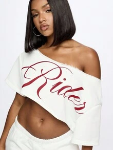 SUMWON WOMEN 露肩破洞骑士 T 恤天使图案印花短款上衣磨损毛边节日宣言时尚街头时尚 - 白色 - 查看 3