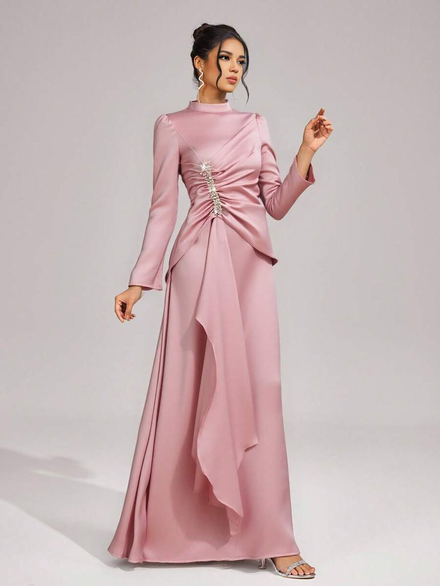 Coutiva New Stylish Stand Collar Long Sleeve Fitted Formal Dress - Baby Pink - View 1