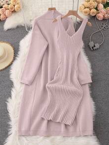 Franclia Bộ 2 món áo len cardigan dáng rộng tay dài trễ vai màu trơn và váy len không tay cho nữ, mùa thu - Bụi hồng - Xem 2