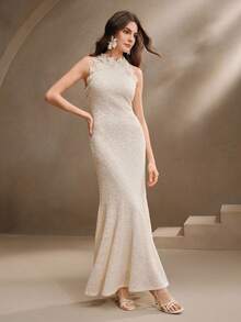 Anewsta Pleated Texture Women Long Dress, Spring/Summer Outfits - Apricot - View 7