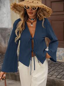 Brillora Camisa holgada de manga larga con vuelo y ajuste regular de unicolor tejida para mujer, ideal para vacaciones