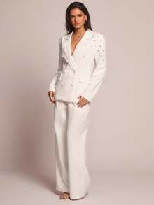 Glamine Modna damska cienka marynarka do pracy z cekinami, biała marynarka z ozdobnymi zdobieniami, biała marynarka z ćwiekami, damska biała marynarka z jesiennej tkaniny - Biały - Zobacz 4