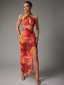 Hauture 女式夏季性感度假夜外出花卉和动物皮印花镂空长裙 - 彩色 - 查看 1