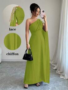 Rafferiza 女士优雅奢华网眼单肩连衣裙，带金色刺绣贴花，A 字形 - 綠色 - 查看 6