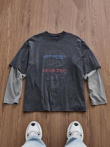 SWAVVY 男士针织休闲宽松字母图案拼色都市长袖T恤，英文图案印花拼接设计，开学季，夏季