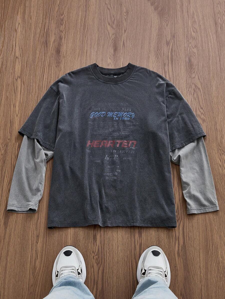 SWAVVY 男士针织休闲宽松字母图案拼色都市长袖T恤，英文图案印花拼接设计，开学季，夏季