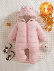 SHEIN 1 bộ đồ liền thân mùa đông mới 2020 cho bé gái, có mũ trùm đầu, có khóa kéo phía trước, thêu họa tiết tai gấu, bo gấu và ống quần, ấm áp, thường ngày - Hồng - Xem 3