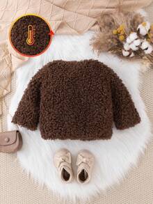 SHEIN Vintaside Kids Infant Girl Winter Fashion Casual Street Dark Brown Plush Long Sleeve Single Piece Jacket, Suitable For Street Photography And Gatherings Fall - Brown - View 2