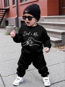 SHEIN Baby Boy Knitted Soft Classic Family Slogan, Dad+Me Fist Bump Print Crew Neck Casual Sweatshirt And Sweatpants Set, Thick For Autumn/Winter Fall - Black - View 2