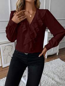 SHEIN LUNE Ruffle Trim Lantern Sleeve Blouse Women Shirt - Burgundy - View 3