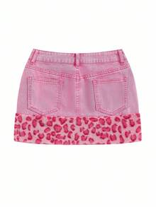 Y2Kool Marina Oliveira Minifalda casual de mujer con parches de mezclilla lavada en rosa, piel sintética y estampado de leopardo en estilo Y2K, adecuada para otoño/invierno, vacaciones, fiestas y uso diario. Idea de combinación: falda de mezclilla rosa, estampado de guepardo rosa, estampado de leopardo rosa. Colección de ropa de estilo nueva para Año Nuevo