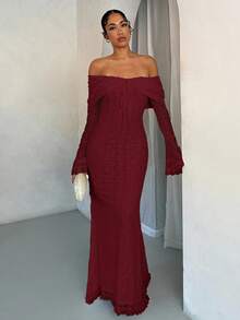 SHEIN BAE Vestido feminino elegante de renda branca com ombros de fora e manga comprida estilo sereia, adequado para casamento, festa e reunião - Borgonha - Ver 4