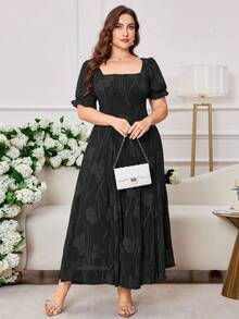Modelyn 优雅雪纺提花方领短袖A字大码连衣裙，春夏 - 黑色 - 查看 5