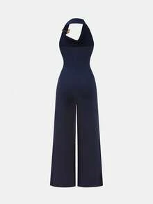Girlism Fashionable Backless Metal Decor Bodysuit For Teen Girls, Elegant & Stylish, Suitable For Party & Evening Events Jumpsuit Wide Leg Jumpsuit Halter Neck Jumpsuit One Piece Jumpsuit Navy Blue Jumpsuit - Navy Blue - View 2