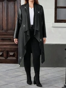 EMERY ROSE Plus Size Fashionable Commuter Asymmetric Hem Jacket, Casual Minimalist Style For Everyday Wear,Going Out, Suitable For Autumn And Winter Fall - Black - View 4