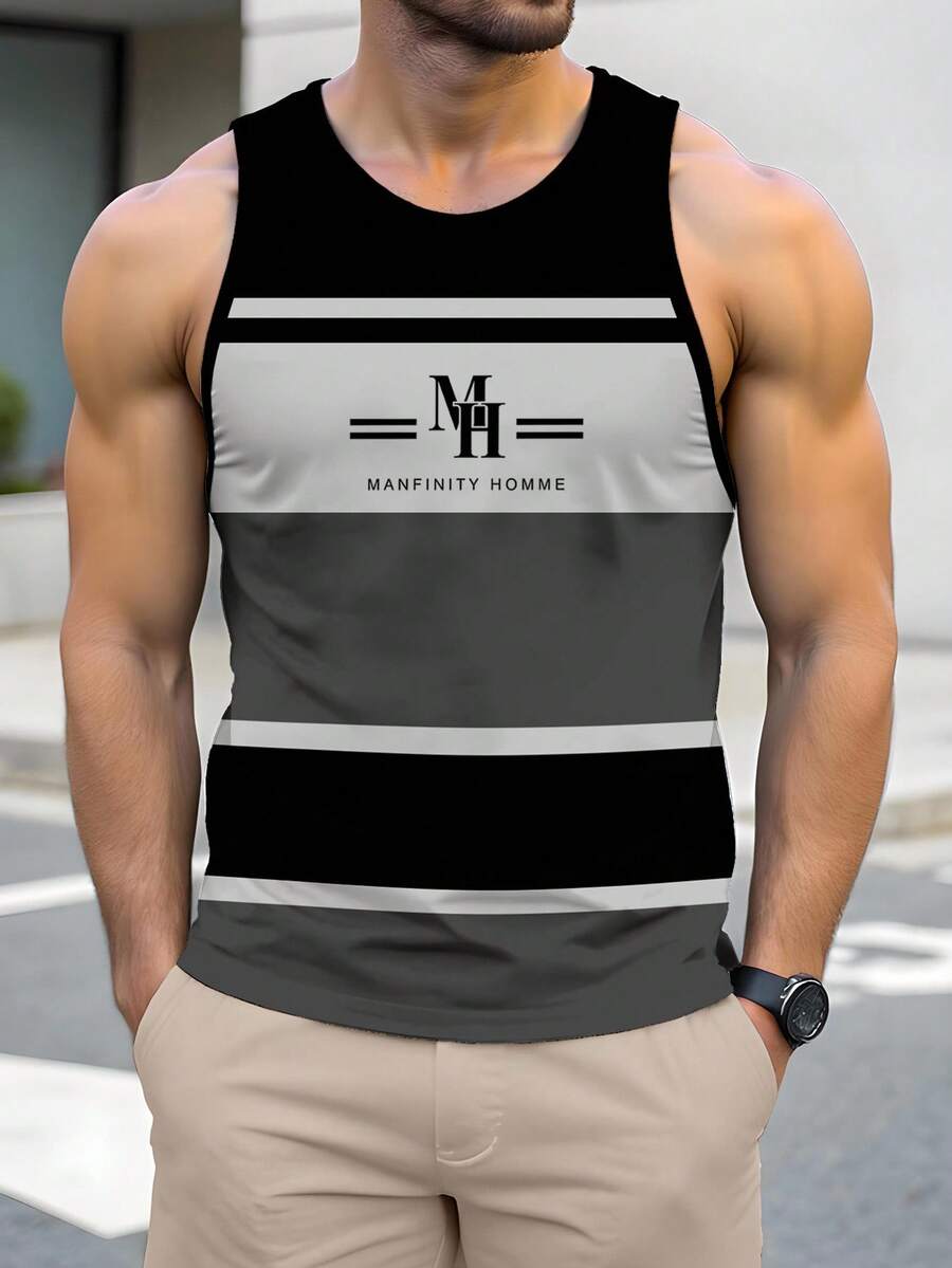 Manfinity RelaxMax 男士夏季休闲撞色条纹背心 - 灰色 - 查看 1