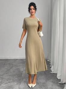 Modelyn Women's Casual Solid Color Ribbed Tie-Up Knit Dress - Khaki - View 6