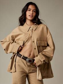 MISSGUIDED 大尺寸工裝牛仔外套 卡其米色純棉帆布 工作服風格 多口袋 鈕扣前襟 領口設計 秋冬外套 街頭風 - 卡其色 - 查看 5