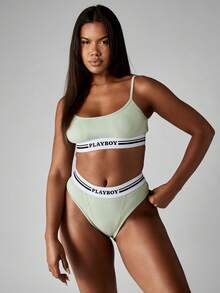 Missguided x Playboy Bộ đồ lót dệt kim gân và quần lót cạp cao có dây tương phản, thiết kế tối giản hiện đại, co giãn, thoải mái cổ điển, đồ lót mềm mại, mặc ở nhà - Màu xanh Bạc hà - Xem 3