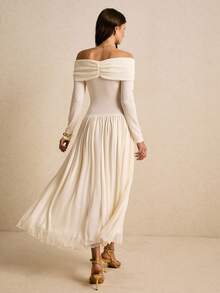 Poéselle 象牙色露肩扭结前襟长款连衣裙，褶皱胸衣搭配飘逸雪纺裙摆——浪漫田园风优雅，露肩长款连衣裙，象牙色婚礼宾客礼服，优雅派对礼服，田园风时尚，褶皱胸衣礼服，飘逸雪纺裙，浪漫约会之夜装扮，低调奢华风格，秋季新娘送礼会造型，纹理金属扣露肩中长连衣裙，女士秋季服装 - 杏色 - 查看 5