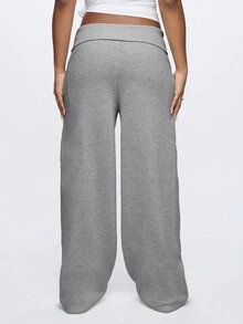 SUMWON WOMEN 宽腿休闲裤，带翻折腰带，柔软舒适，休闲日常穿着，秋冬服装 - 深灰色 - 查看 2