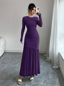 Firerie Đầm lưới cổ tròn tay dài dành cho nữ, phù hợp cho mùa thu, trang phục trở lại trường, trang phục giáo viên - Màu tím - Xem 4