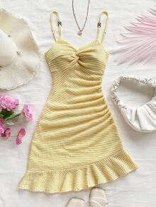 Soleia 女士焦糖色针织纹理不对称扭纹胸围荷叶边下摆紧身迷你连衣裙，适合节日、约会、休闲下午茶、派对、音乐节、海滩度假、游轮 - 芥末黃 - 查看 6