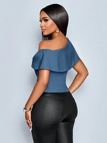 SOLERSUN 女式春夏优雅老式钱办公室商务休闲不对称肩单排扣衬衫，外出上衣 - 藏蓝色 - 查看 2