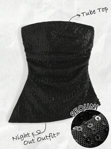 SHEIN EZwear 女士加大码纯色黑色亮片装饰抹胸上衣，休闲上衣，适合秋季、乡村音乐会、锐舞派对、冬季、聚会、夜生活、万圣节、女巫风、哥特风等场合。 - 黑色 - 查看 1
