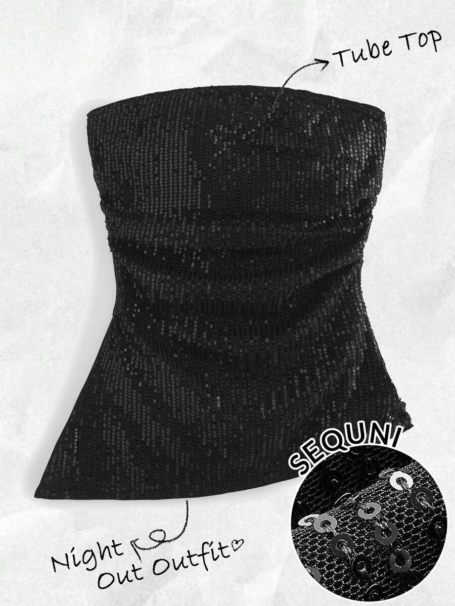 SHEIN EZwear 女士加大码纯色黑色亮片装饰抹胸上衣,休闲上衣,适合秋季、乡村音乐会、锐舞派对、冬季、聚会、夜生活、万圣节、女巫风、哥特风等场合。 - 黑色 - 查看 1