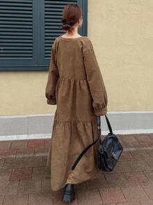 FRIFUL Women's Corduroy Patchwork Loose Hem Casual Long Dress - Khaki - View 7