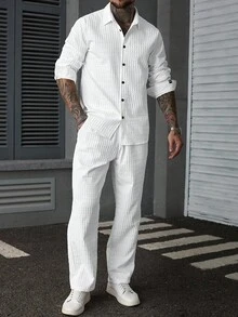 Manfinity CasualCool 男士两件套，男士休闲纯色衬衫和裤子套装，男士两件套服装，男士休闲装和极简主义百搭，适合日常通勤旅行，秋季服装 - 白色 - 查看 4