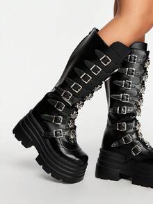 ROMWE Fashionable Dark Goth Rock Punk Platform Over-The-Knee Boots - Black - View 3