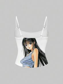 ROMWE Anime 复古 Y2K 复古动漫女孩图案印花白色吊带背心 - 藍色 - 查看 2