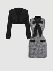SHEIN MOD 优雅休闲通勤套装连衣裙和夹克，秋季两件套，秋季女式夹克，商务休闲女装，正式礼服，性感办公室女式两件套，老式教师装 - 黑與白 - 查看 1