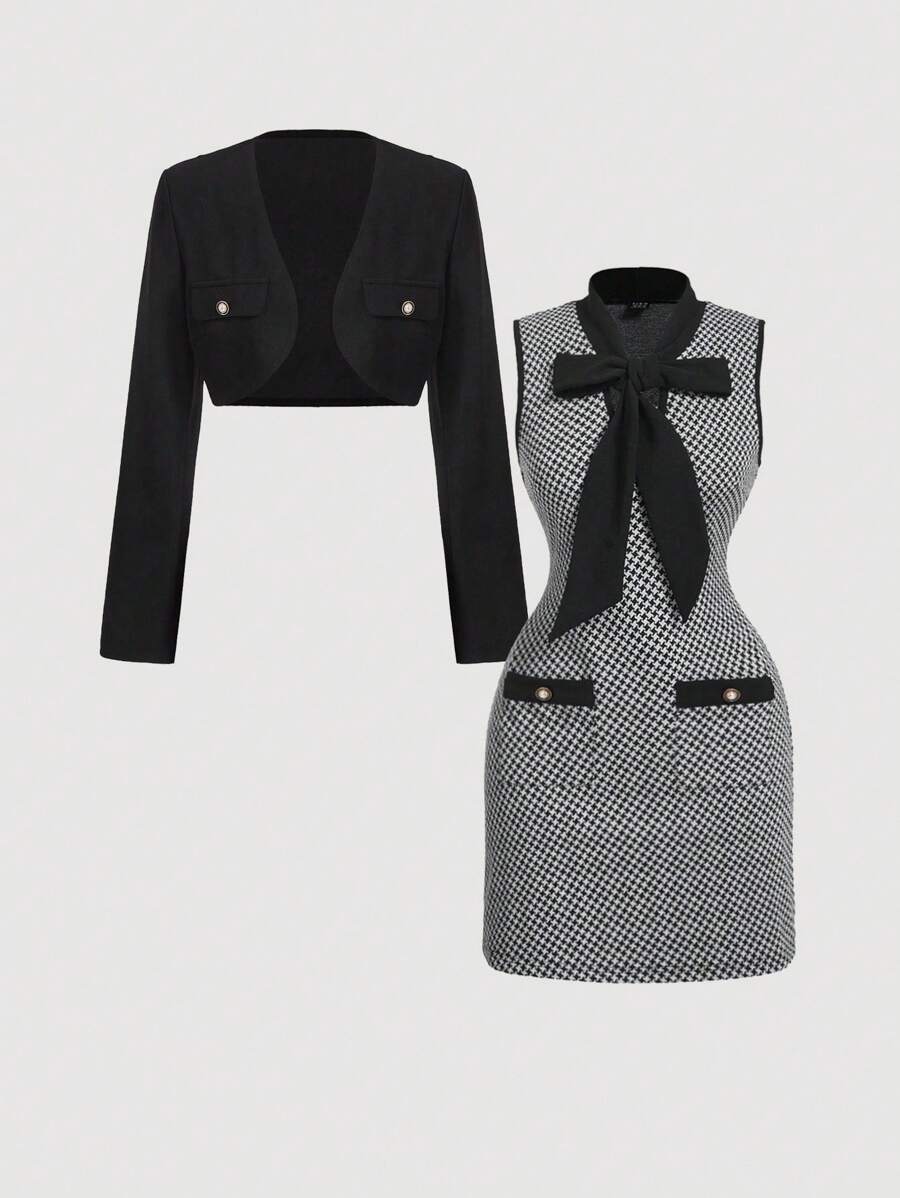 SHEIN MOD 优雅休闲通勤套装连衣裙和夹克，秋季两件套，秋季女式夹克，商务休闲女装，正式礼服，性感办公室女式两件套，老式教师装 - 黑與白 - 查看 1