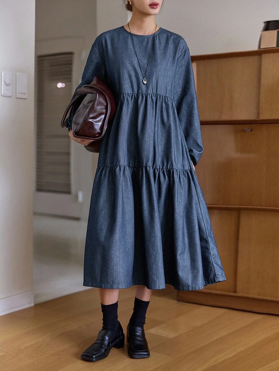 DAZY Women's Loose Fit Round Neck Long Sleeve Denim Dress, Casual & Youthful - Medium Wash - View 1