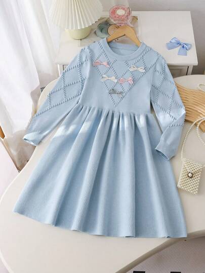 Sparklyn Girls' Handmade Bow Decor Long Sleeve Dress, Fashion For Autumn/Winter Baby Blue Girls Dress Girls Pastel Long Sleeve Dress Girls Sweater Dress Baby Blue Kids Dress Girls Knit Dress Girls Dress Girls Spring Dress Girls Spring Autumn French Style Dress Knitted Baby Blue Dress Blue Long Sleeve Dress With Bows Fall Girls Knitted Dress Girls Spring Autumn Dress Girls Winter Dress Girls Knitted Long Sleeve Dress French Style Kids Dress Baby Girls Pastel Dress