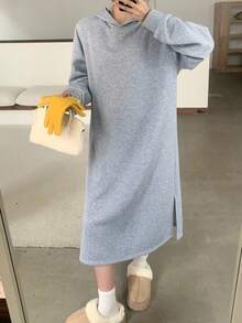 少女灰色连帽长袖简约连帽连衣裙，连帽运动衫连衣裙，开衩设计，学院风休闲连帽连衣裙