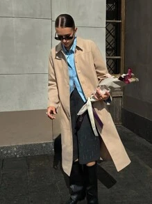 Siren Gaze Women's Chic Beige Autumn Office Trench Coat,Fall 2025 Khaki Long Thin Outerwear With Pockets,Old Money Style Casual Daily Teacher Business Fashion - Khaki - View 1