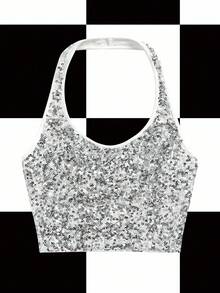 Y2Kool 女士闪亮银色亮片吊带背心修身款，适合秋冬季、万圣节、返校季、派对等场合，Y2K风格闪亮上衣，亮片露脐上衣，银色亮片上衣，休闲银色露脐上衣，闪亮上衣，亮片上衣，时尚服装系列，新年穿搭，辣妹风 - 銀色 - 查看 1