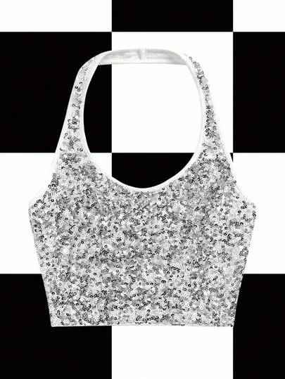 Y2Kool Damen glänzende silberne Pailletten Trägerhemd, figurbetontes Trägertop, geeignet für Herbst/Winter, Halloween, Schulanfang, Party, Y2K Glitzer Top, funkelndes Top, Pailletten Crop Top, Pailletten Top, silbernes Pailletten Top, lässiges silbernes Crop Top, glitzerndes Top, Bling Top, stilvolle Bekleidungskollektion, Neujahrskostüme