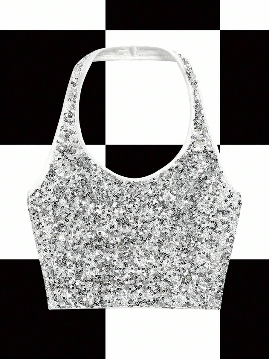 Y2Kool 女士闪亮银色亮片吊带背心修身款，适合秋冬季、万圣节、返校季、派对等场合，Y2K风格闪亮上衣，亮片露脐上衣，银色亮片上衣，休闲银色露脐上衣，闪亮上衣，亮片上衣，时尚服装系列，新年穿搭，辣妹风 - 銀色 - 查看 1