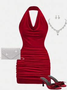 Girlism Teen Girl Solid Color Fashion Halter Neck Ruched Velvet Dress Fall Winter