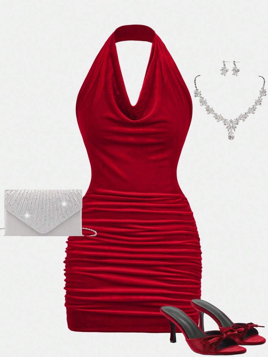 Girlism Teen Girl Solid Color Fashion Halter Neck Ruched Velvet Dress Fall Winter