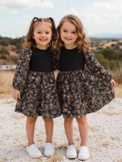 Emery Rose Kids Emery Rose Kids 年轻女孩 LUNE 花卉印花灯笼袖荷叶边下摆连衣裙，法式花卉，仙女裙，田园风，秋冬，少女碎花印花荷叶边袖荷叶边下摆连衣裙。宽松休闲圆领长袖荷叶边下摆中长连衣裙，可爱动物图案，适合度假和上学日常，姐妹装，母女搭配。